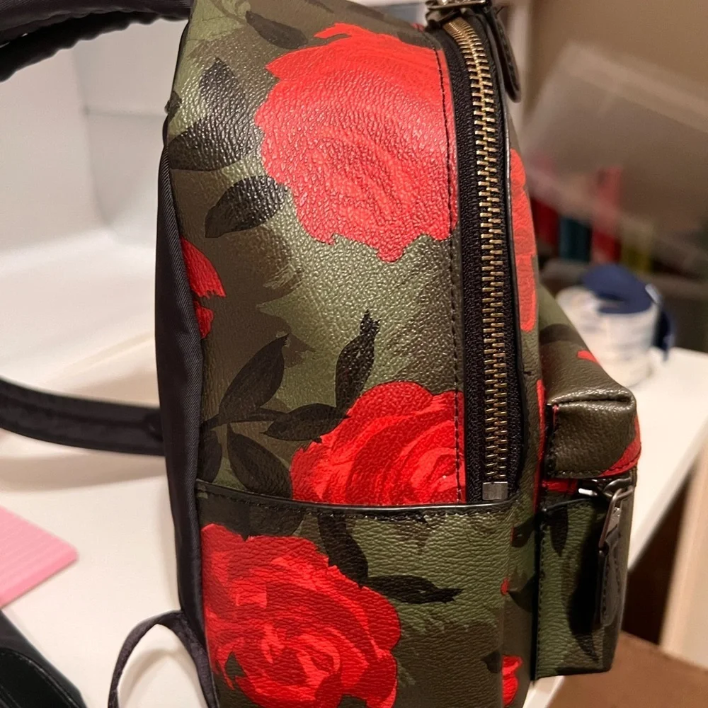 Coach Mini  Charlie Backpack with Red Floral Camo and Star Patch